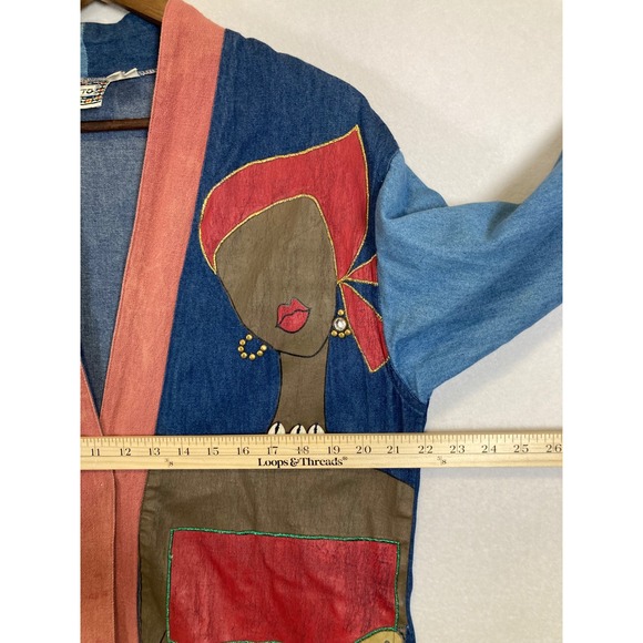 Boho Wearable Art Vintage Mulato Womens XL Denim Patchwork Graphic Duster Coat - Picture 6 of 8